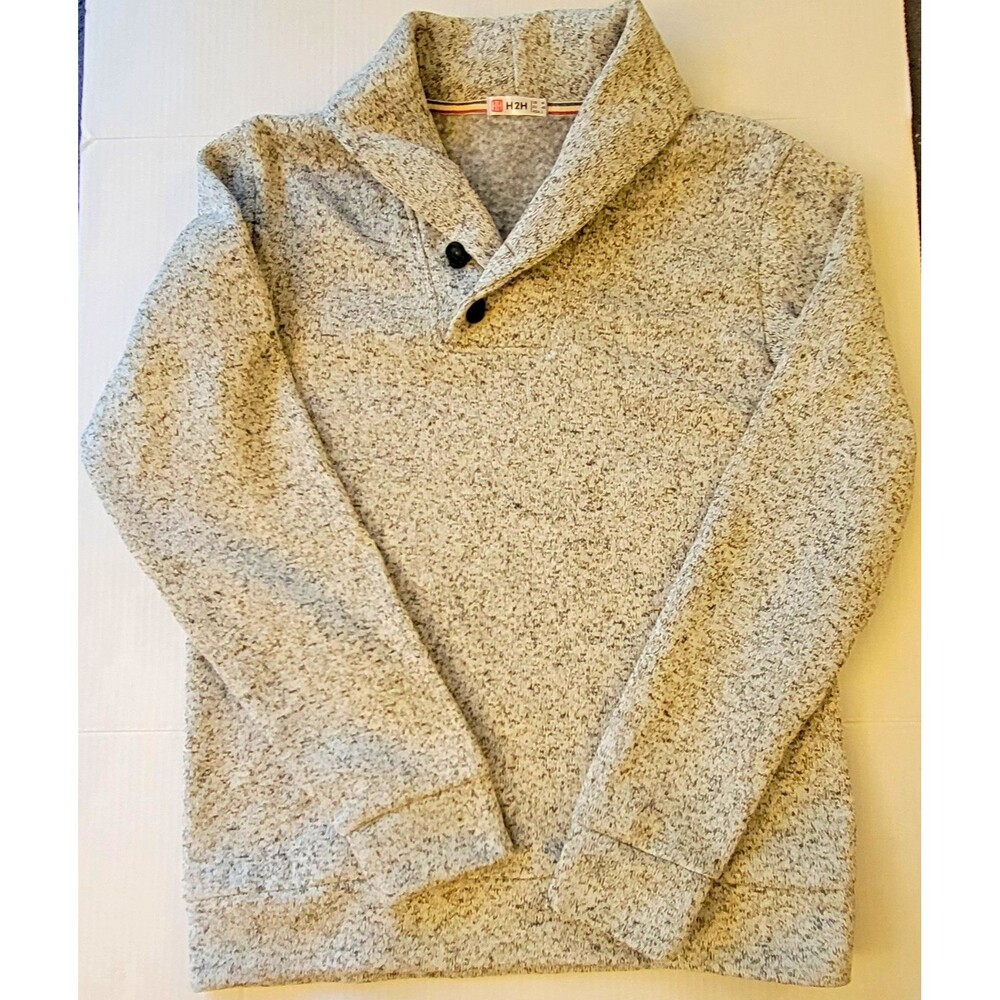H2H Men's Gray Heathered Fleece Collared Button Neck Pullover Sweater M